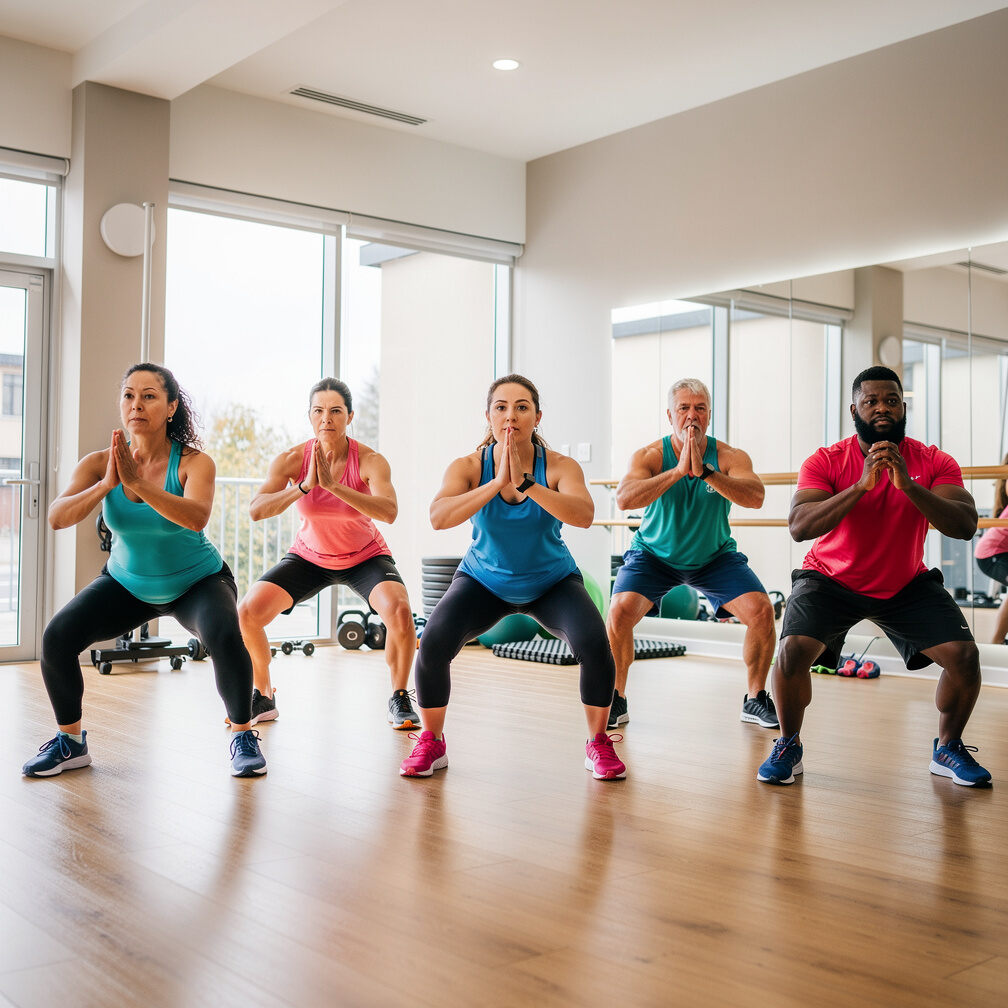 Group fitness class doing squats together indoors