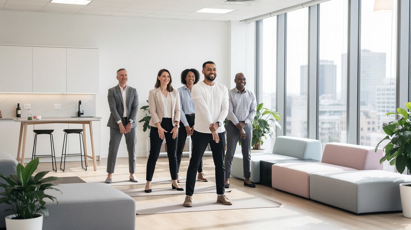 Colleagues stretching together during an office wellness break