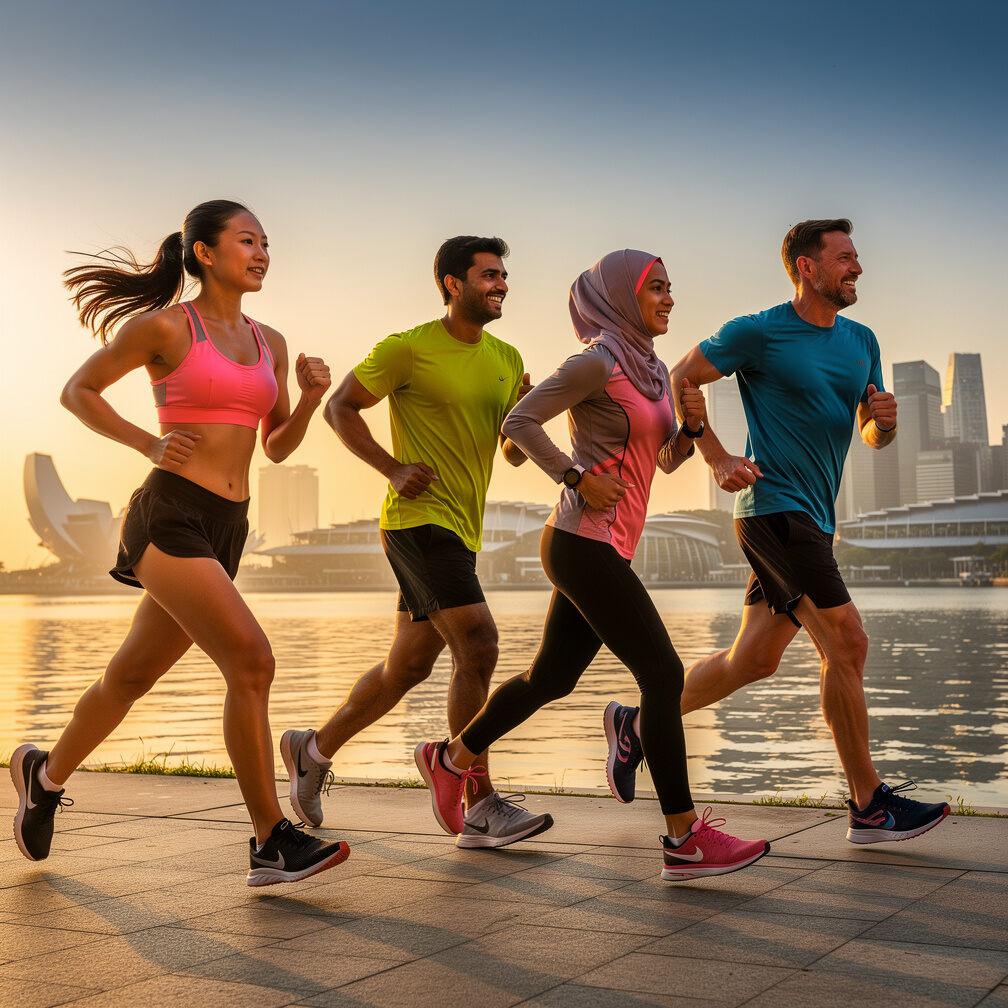 Group of runners training together along a waterfront path