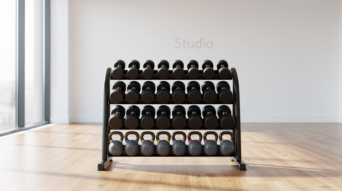 Rack of weights and training equipment in a modern gym
