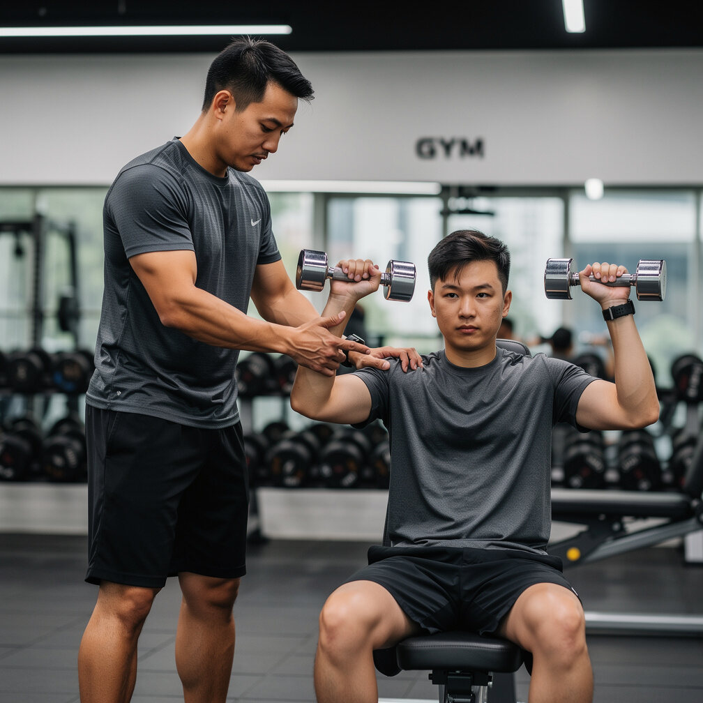 Male fitness coach guiding a client through a strength exercise