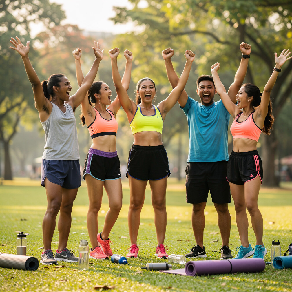 Diverse group of friends celebrating outdoors after a workout
